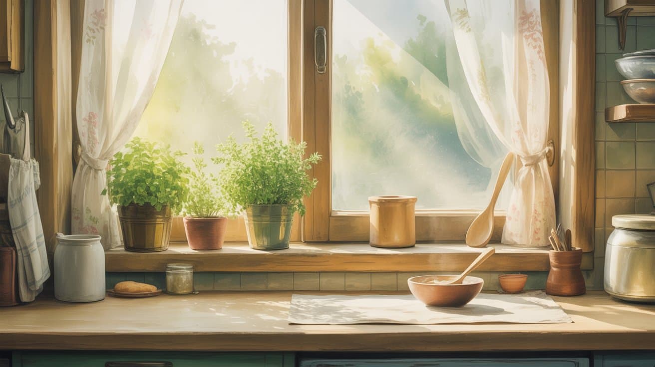 灑滿陽光的廚房窗景